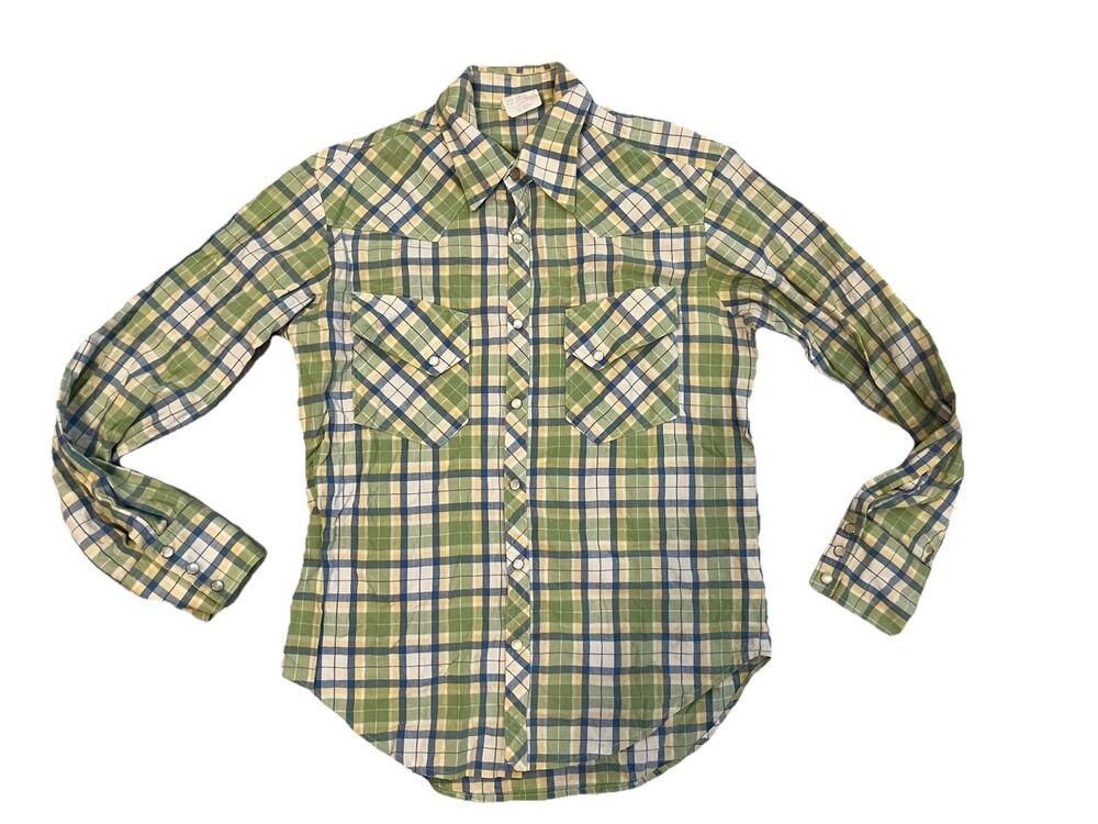 VTG 1970s Cotton Western Shirt Plaid Pearl Snap Dagger Cowboy Cowgirl Yoke S